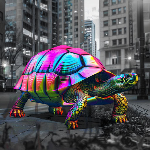 Colorful turtle in a monochrome city