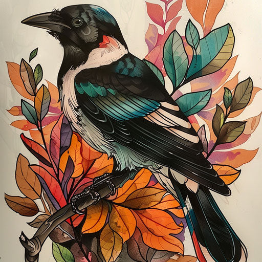 Neo-traditional flat tattoo sketch of a magpie with vibrant, lush leaves