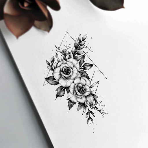 Floral triangle tattoo illustration with delicate roses on white paper