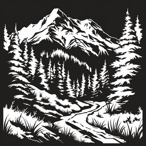 Mountain in forest with path, bold stencil style