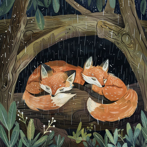 Foxes snuggled up in a hollow log, escaping the rain
