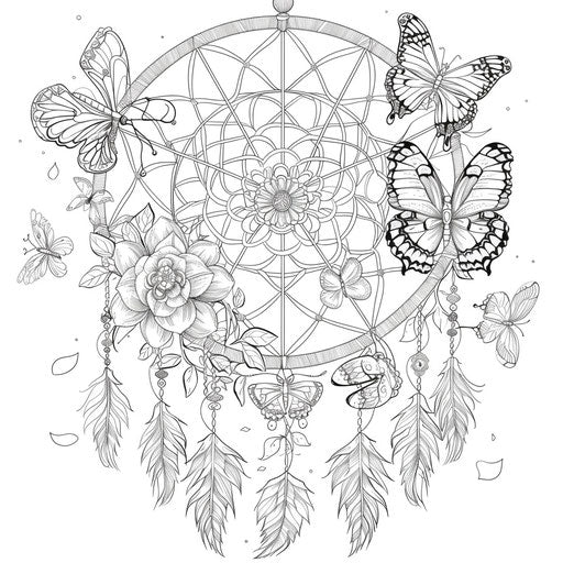 Dream catcher with butterflies and lace patterns. Coloring page