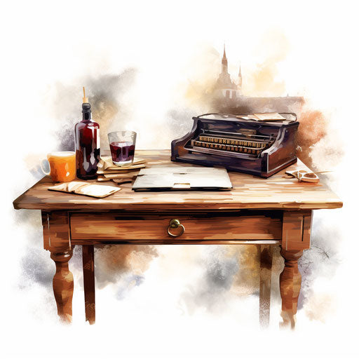Desk clipart in the style of Oil painting, on a white background