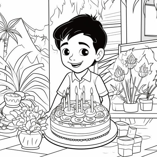 Happy birthday coloring page for kids, animated gifs style, khmer art