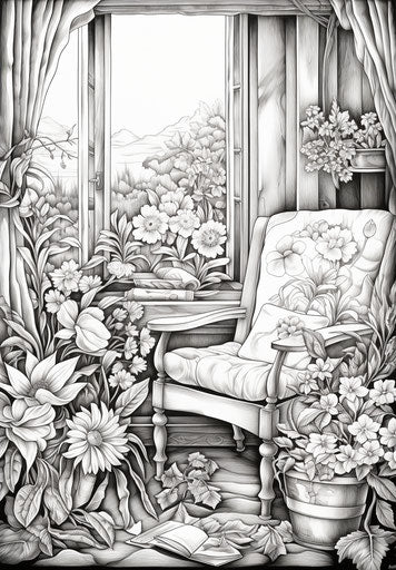 Flower coloring pages on the window seat