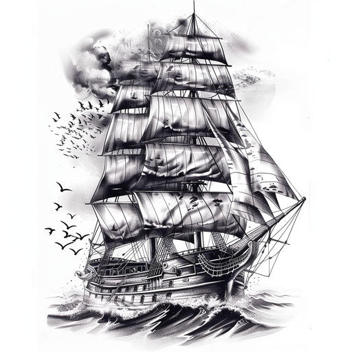 Nautical tattoo: full-rigged ship at sea in black and grey
