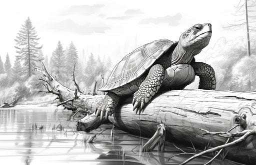 A turtle sitting on a log in the woods