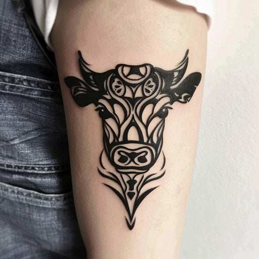 Bold black tribal cow tattoo on white background
