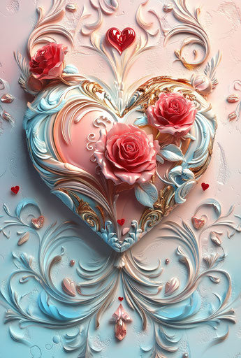 My love | 3D heart with roses and swirls on a pastel background, including pink, red, blue, and white
