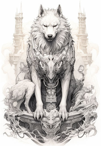 Wolf sitting on a stallion's head