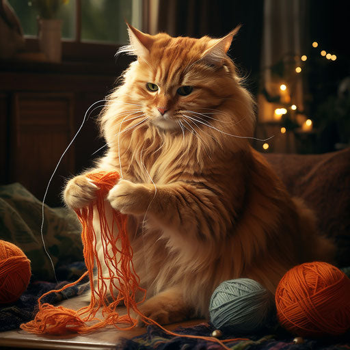 Norwegian forest cat playing with yarn