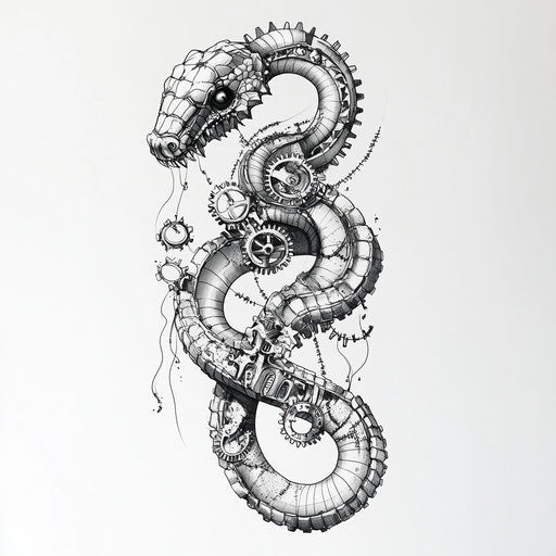 Flat tattoo sketch snake back tattoo with a steampunk twist