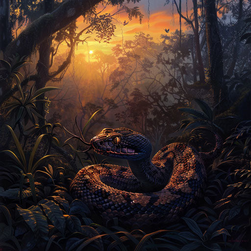 Hognose snake in a lush forest at sunset