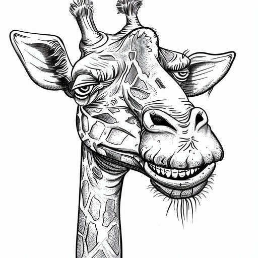 Humorous giraffe with exaggerated features in the style of a coloring book