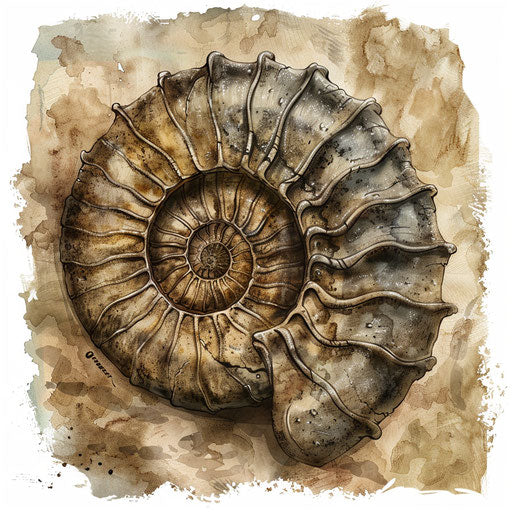 Rustic tattoo sketch of a fossilized ammonite shell