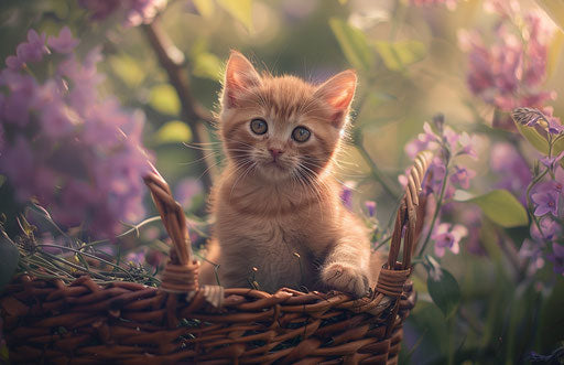Orange kitten sitting in a basket in the spring garden