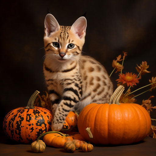 A serval cat resting with pumpkins