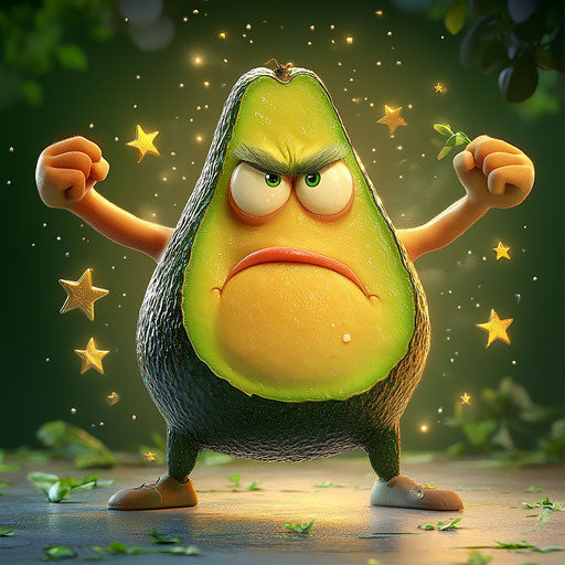 Humorous caricature of an avocado with human characteristics