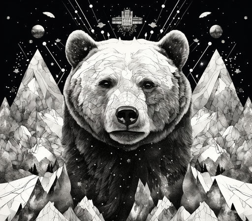 Bear designs in black and white, cosmic imagery style