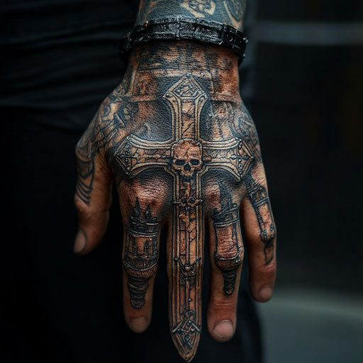Cross tattoo on hand with medieval weaponry