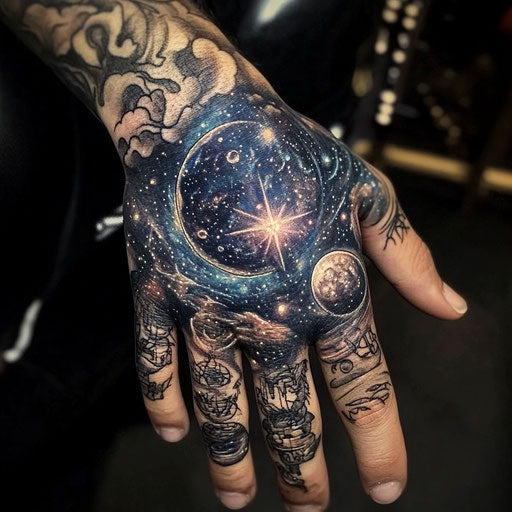 Cool hand tattoos of a cosmic galaxy