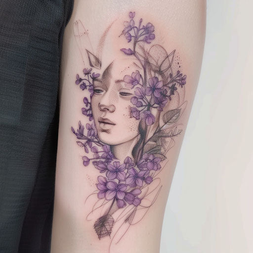 Surrealist lilac tattoo with dream-like imagery and soft pastel tones
