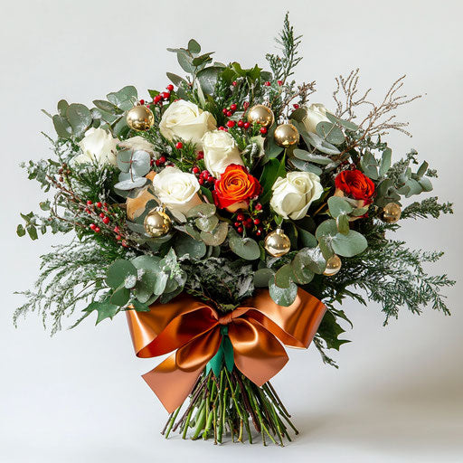 Winter flowers bouquet with jingle bells, festive gift