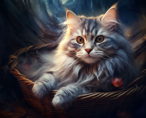 Fluffy cat in grey basket, light maroon and dark indigo style, strong facial expression 31:25