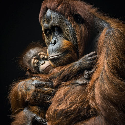 Orangutan mother holding baby in Will Burrard-Lucas style