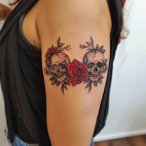 Roses and skulls armband tattoo, Ed Hardy style, on upper arm