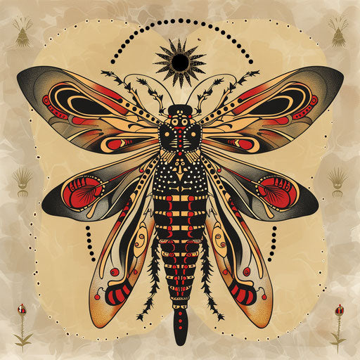 Ethnic tattoo sketch of a firefly with tribal patterns and earthy colors in a traditional clipart style