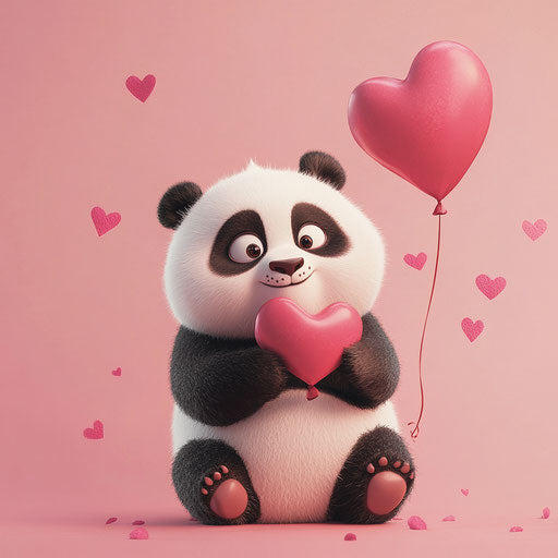 Adorable panda with heart balloon in pink background