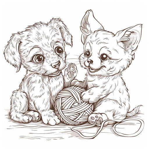 Playful scene of a puppy and kitten playing with a ball of yarn