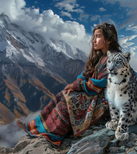 Beautiful girl with snow leopard in the Himalayas mountains