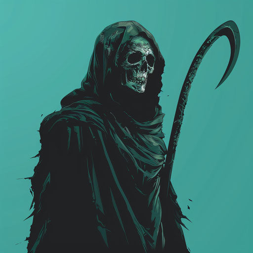 Realistic grim reaper clipart on teal flat background