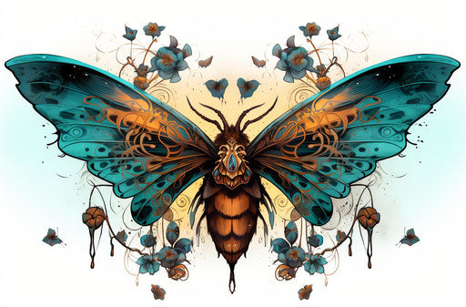 Decorative tattoo image of an ancient skull moth, turquoise and amber style