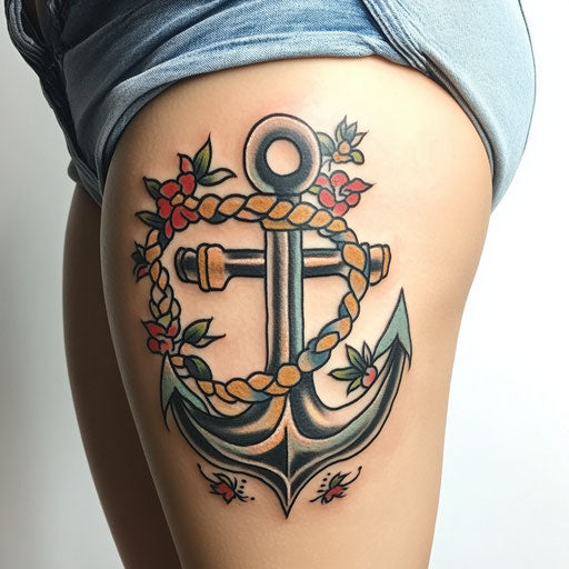 Traditional anchor and rope thigh tattoo, Ami James style