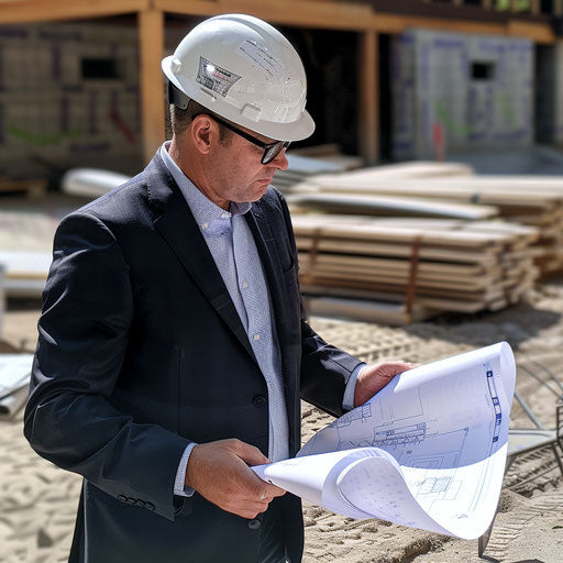 Professional reviewing blueprints at construction site