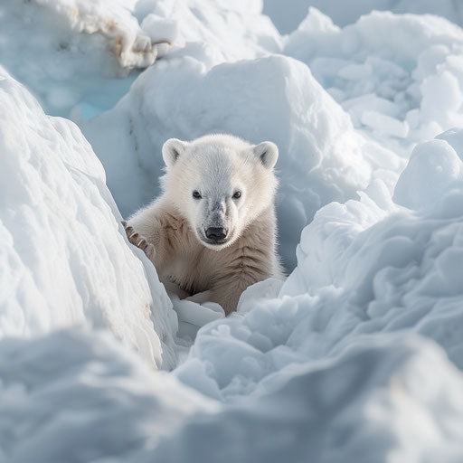 Playful polar bear cub hiding behind a snowdrift