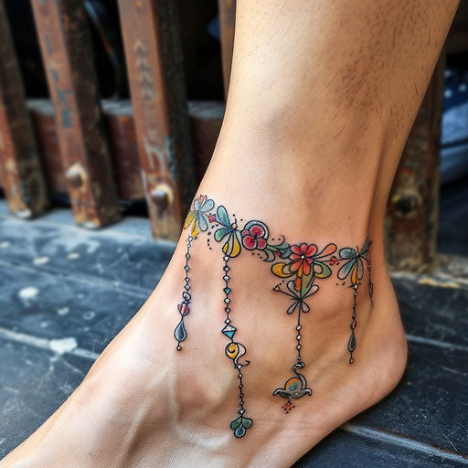 Whimsical ankle bracelet sketch with cartoonish charms and bright accents