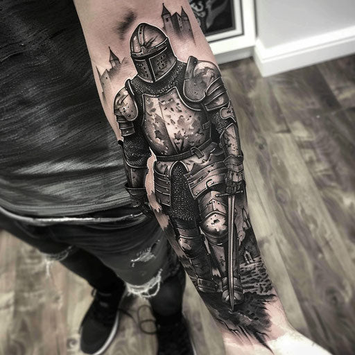 Detailed knight forearm tattoo in the style of Adrian Smith
