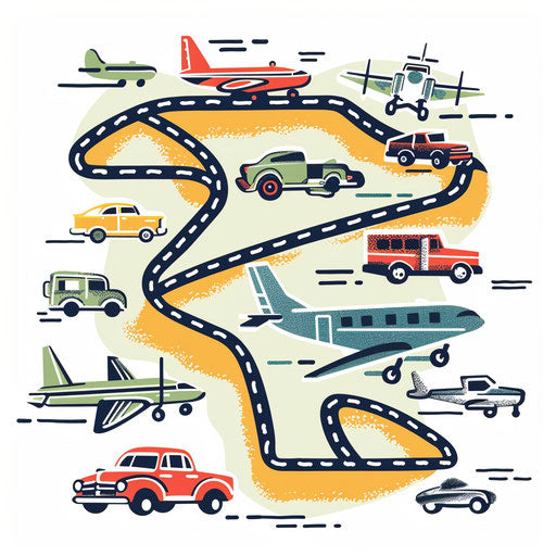 Map depicting travel routes with planes, trains, cars