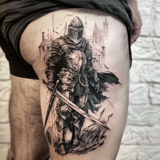 Hip tattoo of a knight in armor, in the style of Peter Jackson
