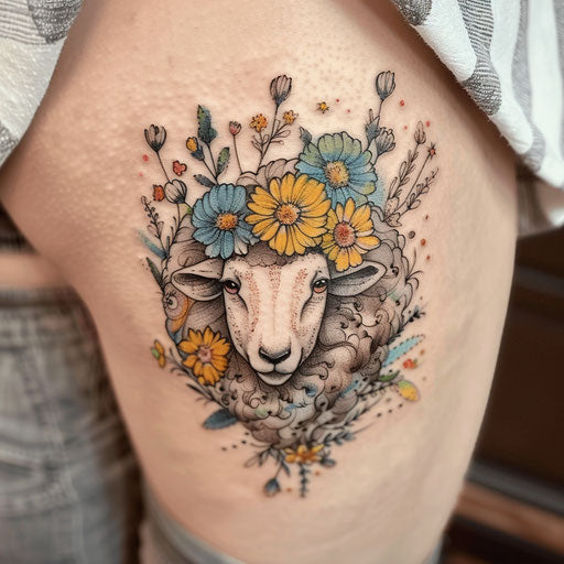 Elegant flat tattoo sketch with watercolor effects of a sheep among spring flowers