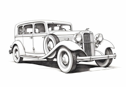 Old fashioned car drawn in black ink on white background