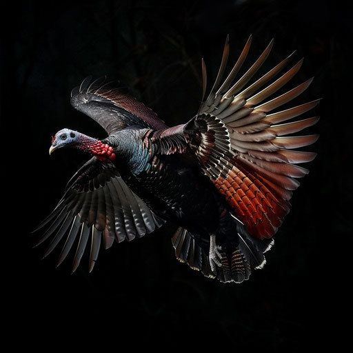 Wild turkey flying with wings outstretched