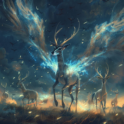 Fantasy Scene: Gazelles with Magical Powers, Glowing Horns, and Wings