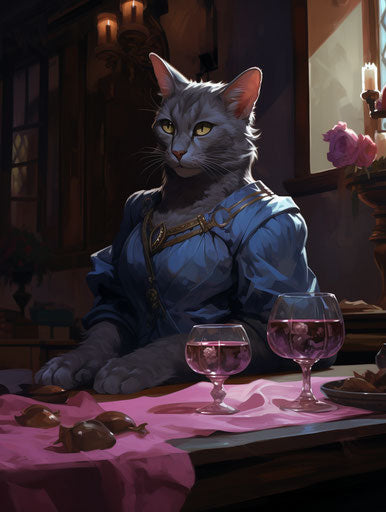 Grey cat on wooden dining table, dark magenta and light blue style, lush and detailed, masculine, wavy, fawncore 3:4