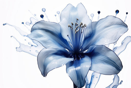 Japanese blue lily flower, magnaldo, baars, schatz style, red and indigo, ink-washed, white background, painters sculptors jewelry 76:51