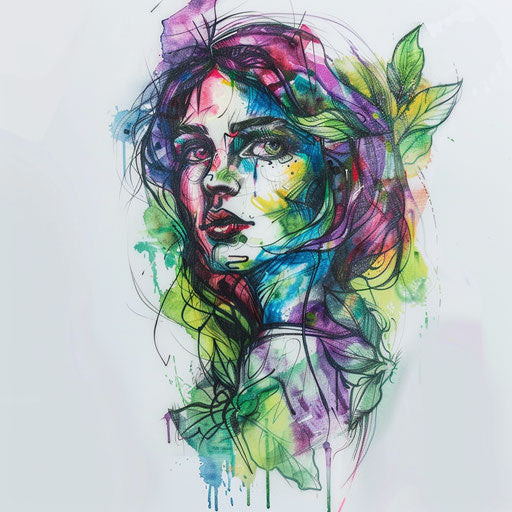 Graffiti style tattoo of Persephone, vibrant colors and bold lines